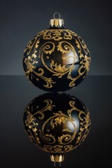 A festive black and gold Christmas ornament on a reflective surface. Perfect for holiday designs