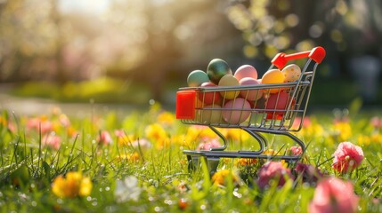 Poster - Shopping cart filled with eggs in a beautiful flower field. Suitable for Easter or spring concepts