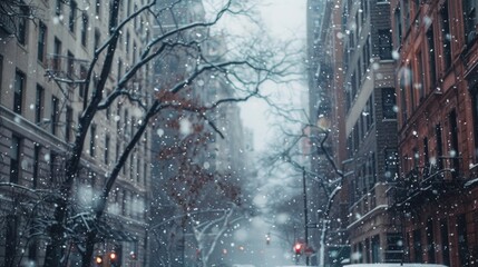 Poster - Snow-covered city street with cars and buildings, suitable for winter urban scenes