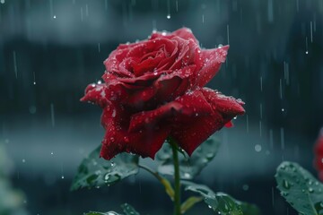 Poster - A beautiful red rose covered in sparkling water droplets. Perfect for romantic or nature-themed designs