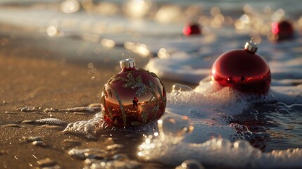 Canvas Print - Two red ornaments placed on sandy beach, perfect for holiday concepts