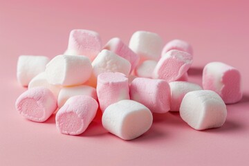 Poster - A pile of marshmallows on a pink surface. Suitable for food and dessert concepts