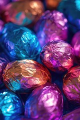  A pile of colorful foil-wrapped chocolate eggs. Great for Easter-themed designs