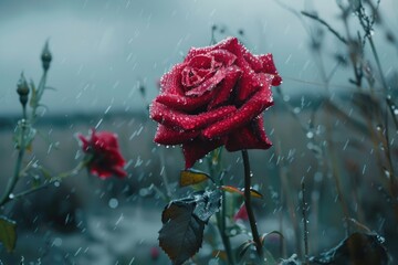 Poster - A beautiful red rose covered in water droplets, perfect for romantic designs