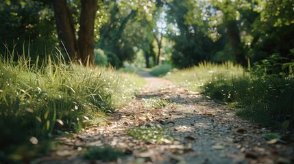 Poster - A scenic view of a dirt road surrounded by tall grass and trees. Suitable for nature and countryside themes