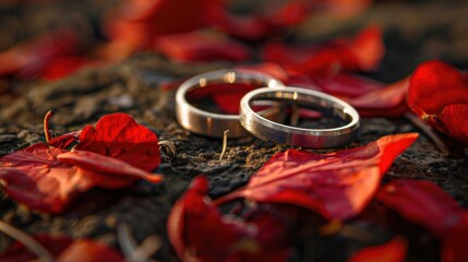 Sticker - Wedding rings resting on vibrant red leaves, perfect for wedding themes or autumn concepts