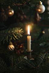 Poster - A festive candle glowing atop a decorated Christmas tree. Perfect for holiday designs