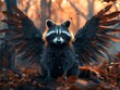 A buxom raccoon with twilight wings foraging through a quiet forest