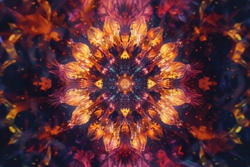 Poster - Close up of a vibrant fire flower on a dark black background. Perfect for adding a pop of color to any project