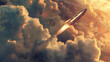 a sleek rocket soaring through the sky, its metallic body gleaming against the backdrop of voluminous clouds