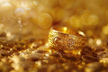 Poster - A beautiful gold wedding ring resting on a shiny pile of gold. Perfect for luxury and wealth concepts