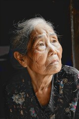 Aufkleber - An old woman sitting peacefully by a window, suitable for various concepts
