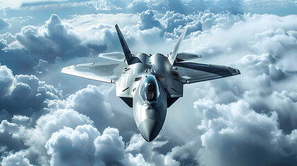Wall Mural - a sleek fighter jet soaring majestically above a thick layer of fluffy white clouds