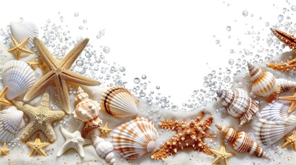 Poster - Sea shells and starfish on white background, suitable for beach themed designs