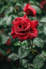 Poster - A beautiful red rose with glistening water droplets. Ideal for romantic themes or nature concepts