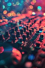 Aufkleber - Close up of a mixing board with blurry lights in the background. Great for music production projects