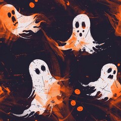 Wall Mural - A group of ghostly heads on a dark, eerie black background. Ideal for Halloween themed designs