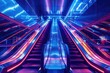 Modern escalator in a building with vibrant neon lights, ideal for urban or futuristic concepts