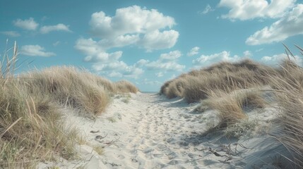 Poster - Sandy path leading to beautiful beach view. Perfect for travel brochures