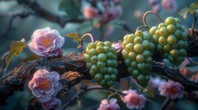  A Tight Shot Of Grapevines With Ripe Clusters And Pink Blossoms In The Foreground, Against A Backdrop Of A Clear Blue Sky