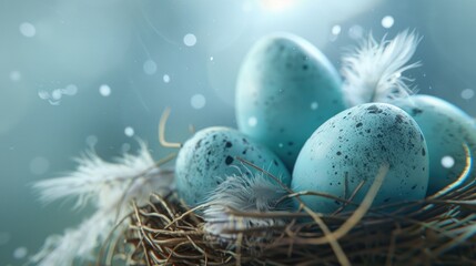 Poster - Close up of a nest with four eggs. Perfect for nature themes