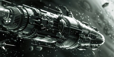 Poster - A futuristic space ship floating in the air. Suitable for sci-fi concepts
