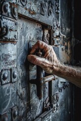 Poster - A close-up image of a person's hand holding a metal door handle. Suitable for various concepts and designs