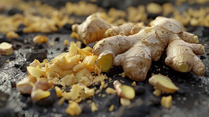 Poster - A detailed close up of sliced ginger on a table. Ideal for food and spice concepts