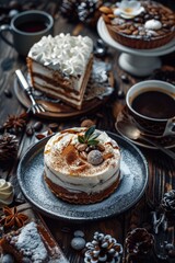Aufkleber - A table set with a variety of dishes and cups of coffee, suitable for food and beverage concepts