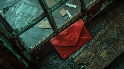 Poster - A red envelope resting on a wooden floor, suitable for various concepts and designs