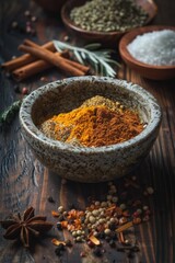 Poster - Various bowls of spices displayed on a wooden table. Ideal for culinary projects