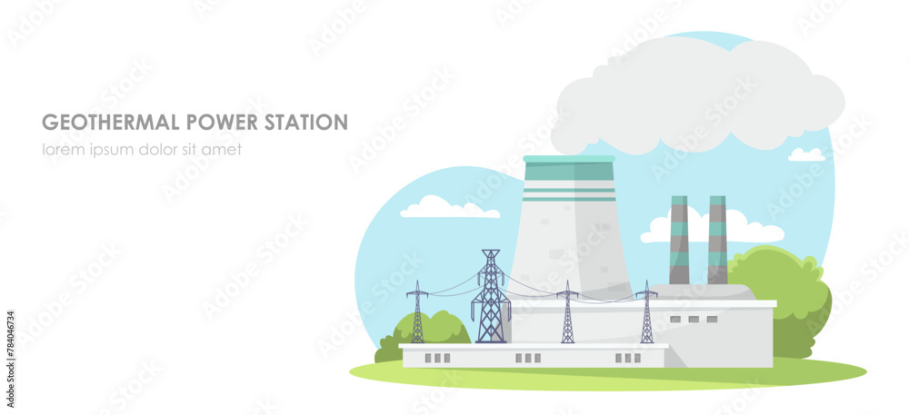 A vector illustration of a geothermal power station with cooling towers ...