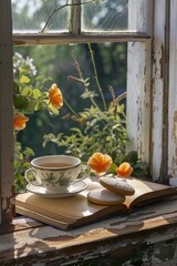 Poster - A relaxing scene with a cup of tea and a book on a window sill. Perfect for cozy home or reading themed designs