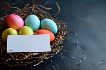 Poster - Nest filled with colorful eggs and blank card for Easter celebration