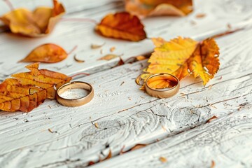 Poster - Two wedding rings displayed on a rustic wooden table, suitable for wedding or love-themed designs