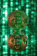 Poster - A bitcoin sitting on top of a pile of coins. Suitable for finance concepts