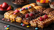   A table is topped with waffles, covered in chocolate and sprinkles, and garnished with raspberries