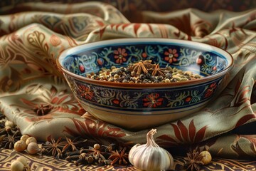 Poster - A bowl filled with seeds and spices on a cloth. Perfect for culinary and cooking concepts
