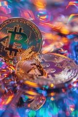 Aufkleber - A bitcoin sitting on top of a pile of coins. Suitable for finance and cryptocurrency concepts