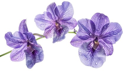 Poster - Close-up of three purple flowers with glistening water droplets. Ideal for nature and beauty concepts