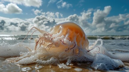 Poster - A jellyfish peacefully floating in the water on a beach. Suitable for marine life concepts