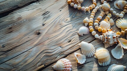 Aufkleber - Close-up of shells on a rustic wooden table, perfect for beach-themed designs