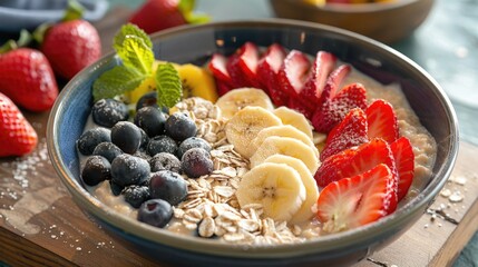 Wall Mural - A bowl of oatmeal topped with bananas, strawberries, and blueberries. Perfect for healthy eating concepts