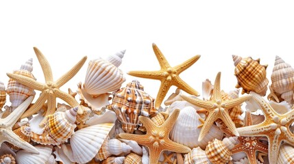Poster - A collection of seashells and starfish against a clean white backdrop. Perfect for beach-themed designs