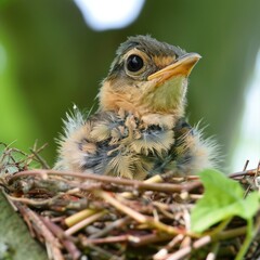 Sticker - A cute baby bird sitting in a nest, suitable for nature and wildlife themes