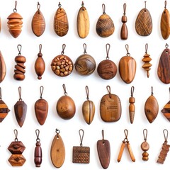 Aufkleber - A collection of wooden beads and pendants on a white surface. Perfect for jewelry making projects