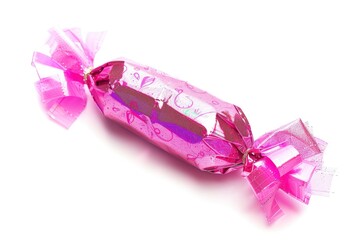 Poster - A pink wrapped candy with a bow on a white surface. Great for sweet treat concepts