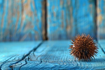Aufkleber - A detailed view of a spiky object on a wooden table. Suitable for various design projects