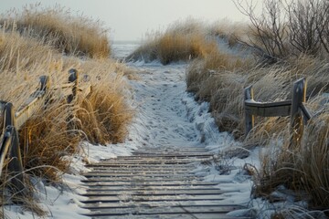 Poster - Winter scene leading to a beach, ideal for travel websites