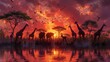   Group of giraffes gathered by a water body, sunset backdrop